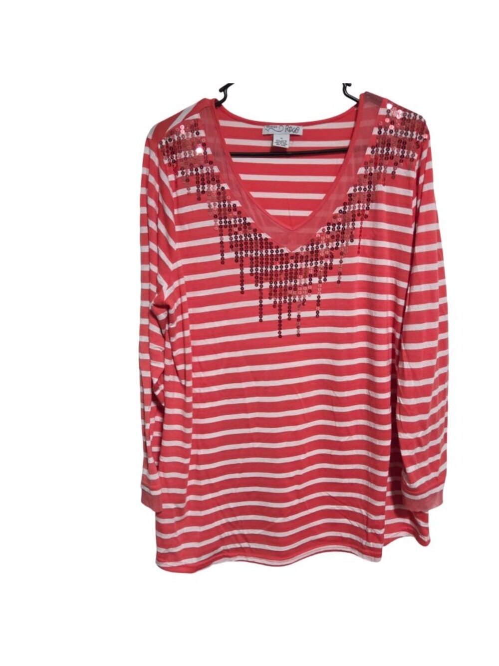 RXB Striped Top Plus Size 1X Red White Sequined V-Neckline Long Sleeve Blouse